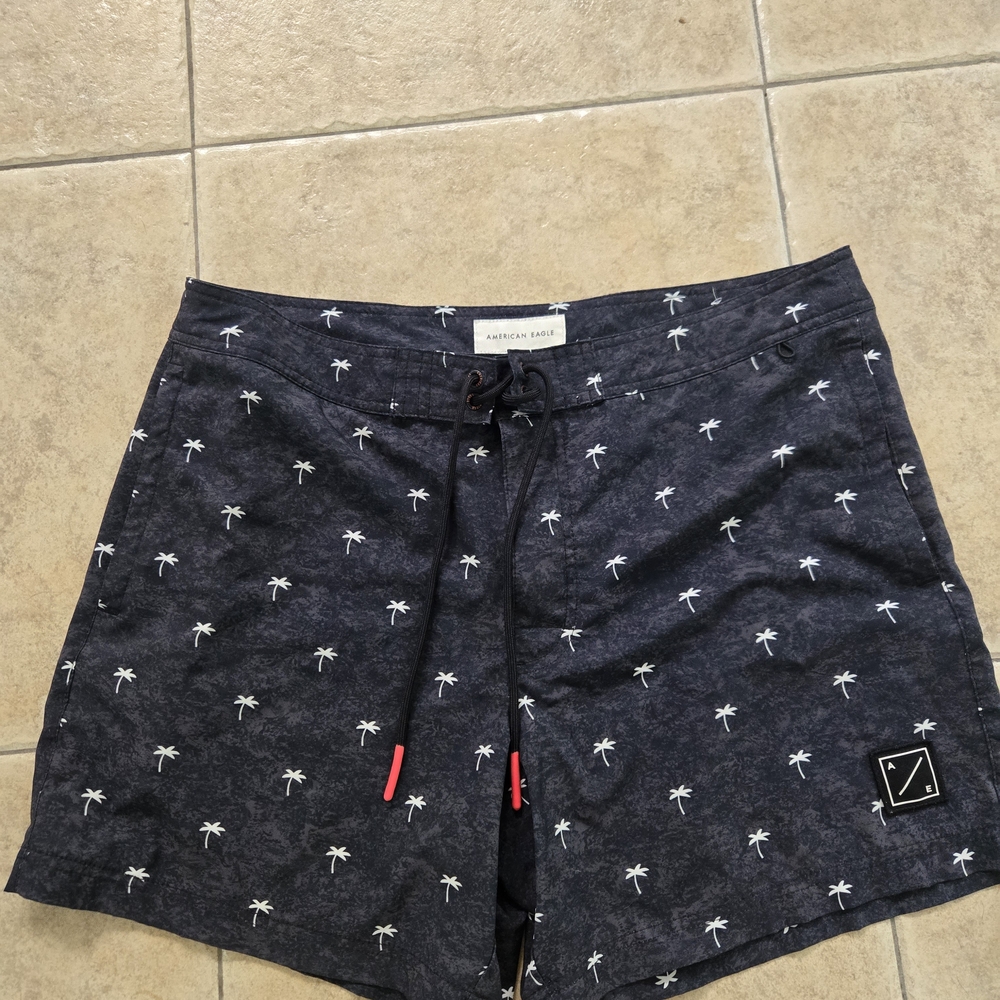 American Eagle Outfitters Men's Navy Swim Shorts with Palm Tree Print